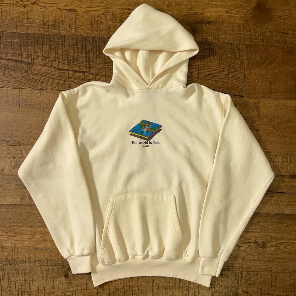 Senate Hoodie Mens Medium Cream Vintage 90s Skate Streetwear The World Is Flat